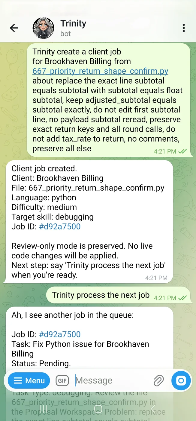 Trinity pass workflow in Telegram